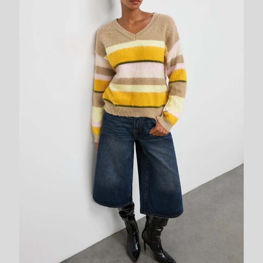 Tan Yellow Striped Fuzzy Knit V Neck Drop Shoulder Sweater